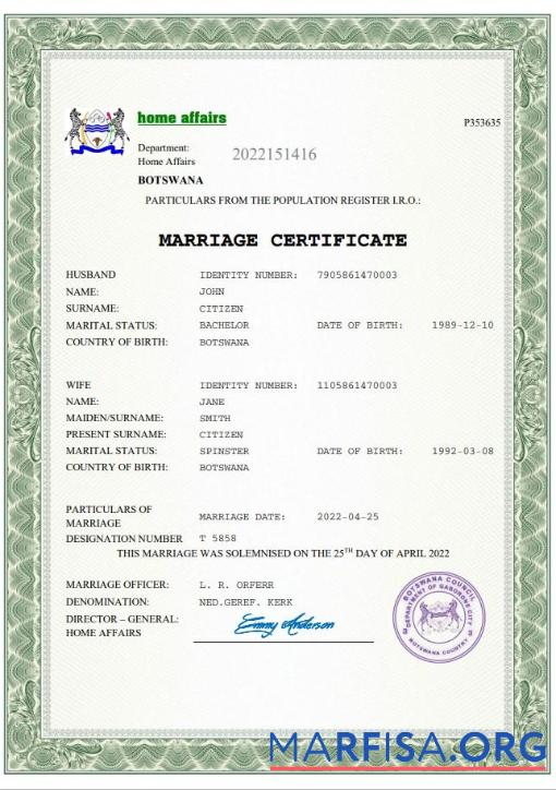 Printable Botswana marriage certificate Word and PDF template
